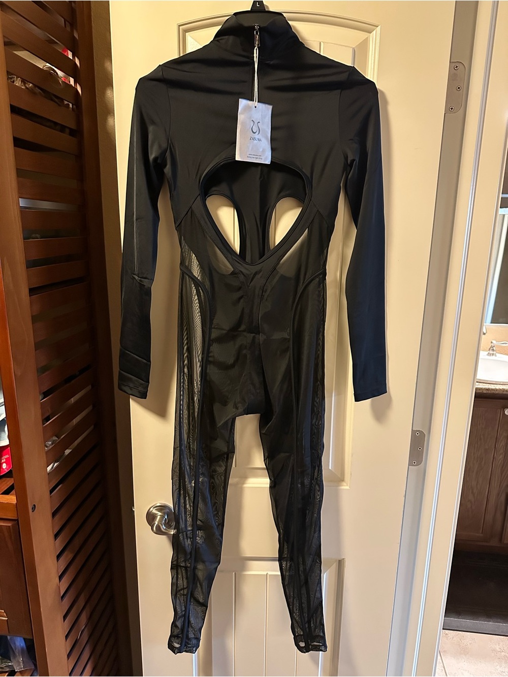 Women’s Black Long-Sleeve Cutout Mesh Jumpsuit - Unbranded